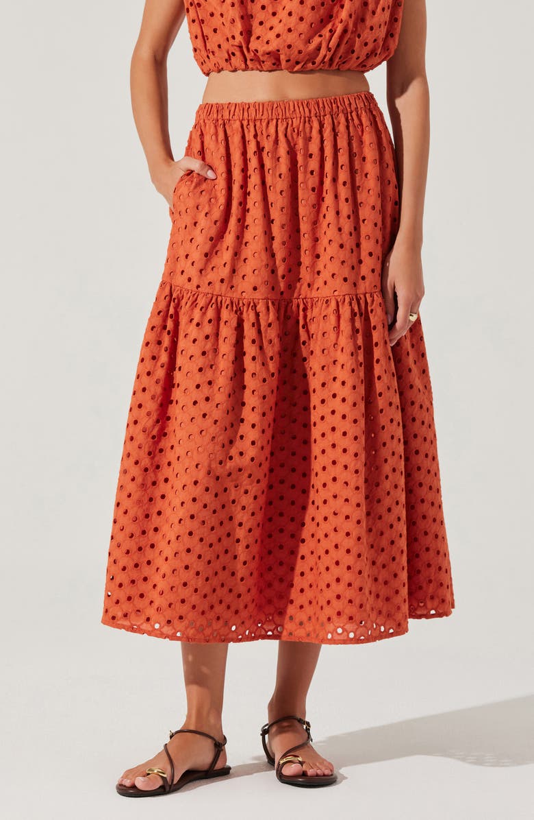 ASTR the Label Nalley Eyelet Tiered Skirt with Pockets, Alternate, color, Rust