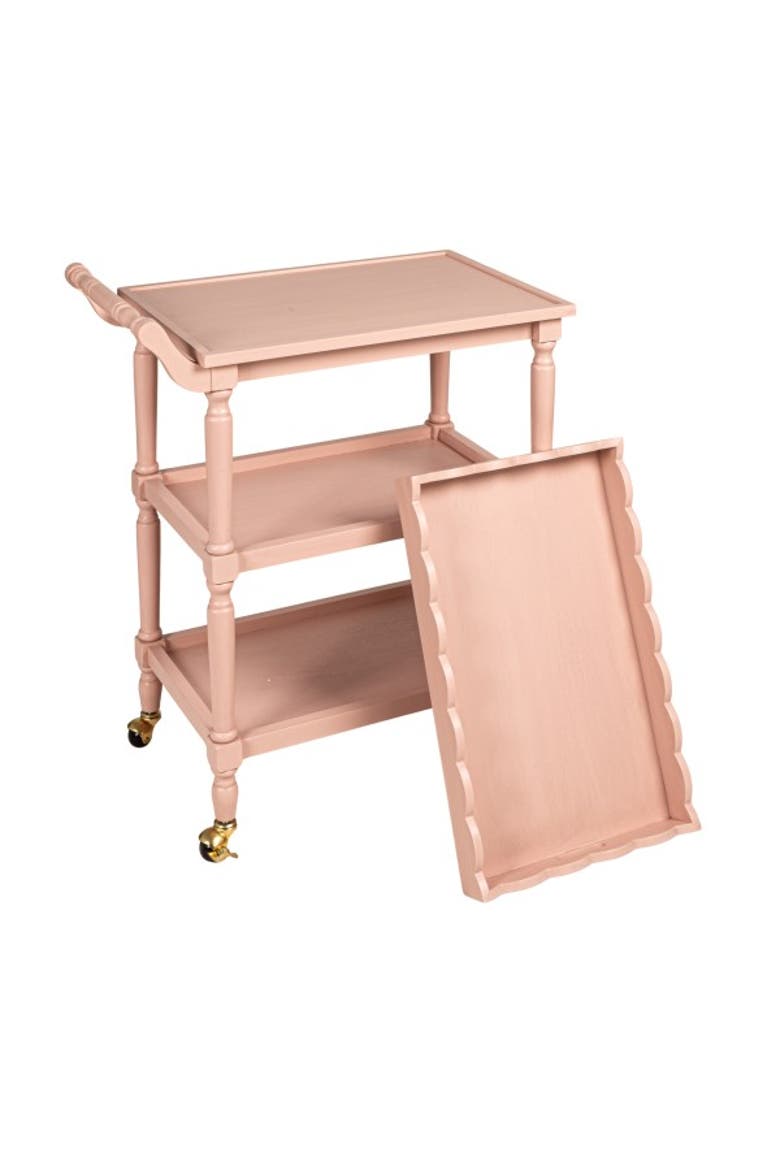3-Tier Bar Cart on Casters with Removable Scalloped Tray, Alternate, color, Pink
