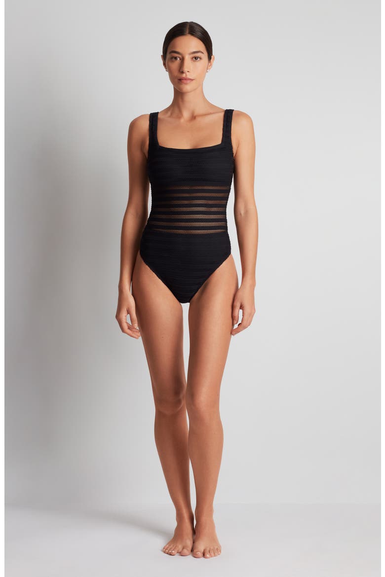 Mesh Stripe One-Piece Swimsuit, Alternate, color, BLACK
