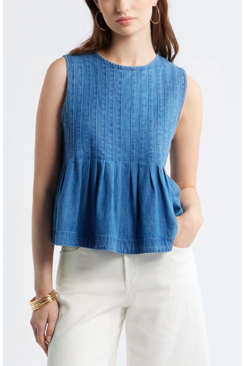 Pleated Cotton Chambray Top, Main, color, LIGHT BLUE WASH