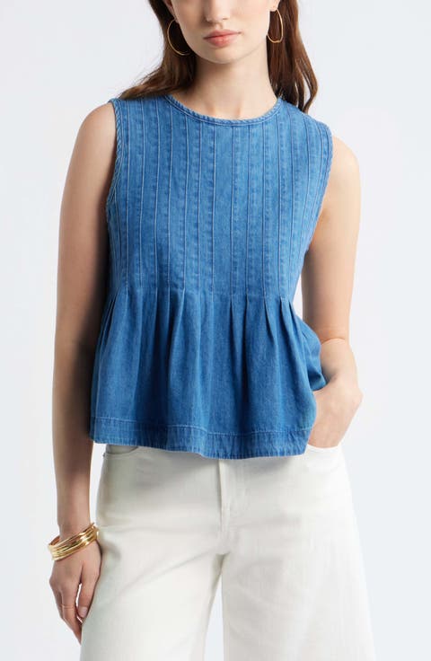 Pleated Cotton Chambray Top