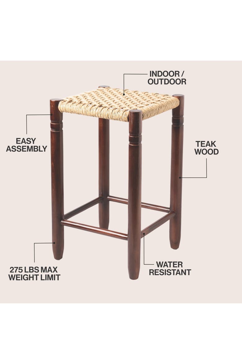 Columnar Bohemian Indoor/Outdoor Wood Backless Counter Stool, Woven Synthetic Rattan Seat for Patio Kitchen Island, Dark and, Alternate, color, Dark Brown -29.5"