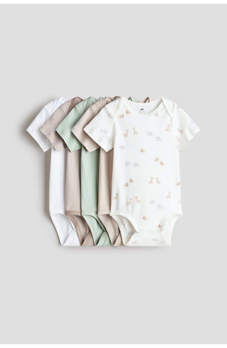 H&M 5-pack cotton bodysuits, Main, color, White/Animals