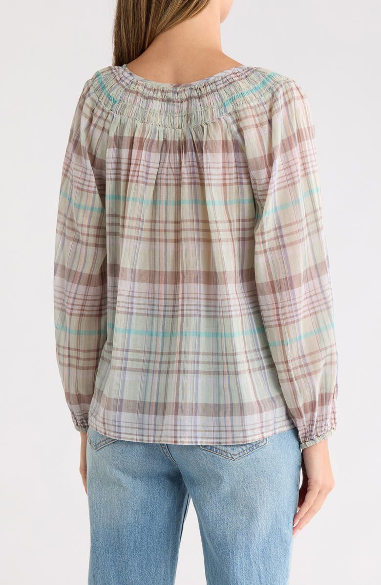 Lucky Brand Floral Smocked Yoke Cotton Top, Alternate, color, Aqua Plaid