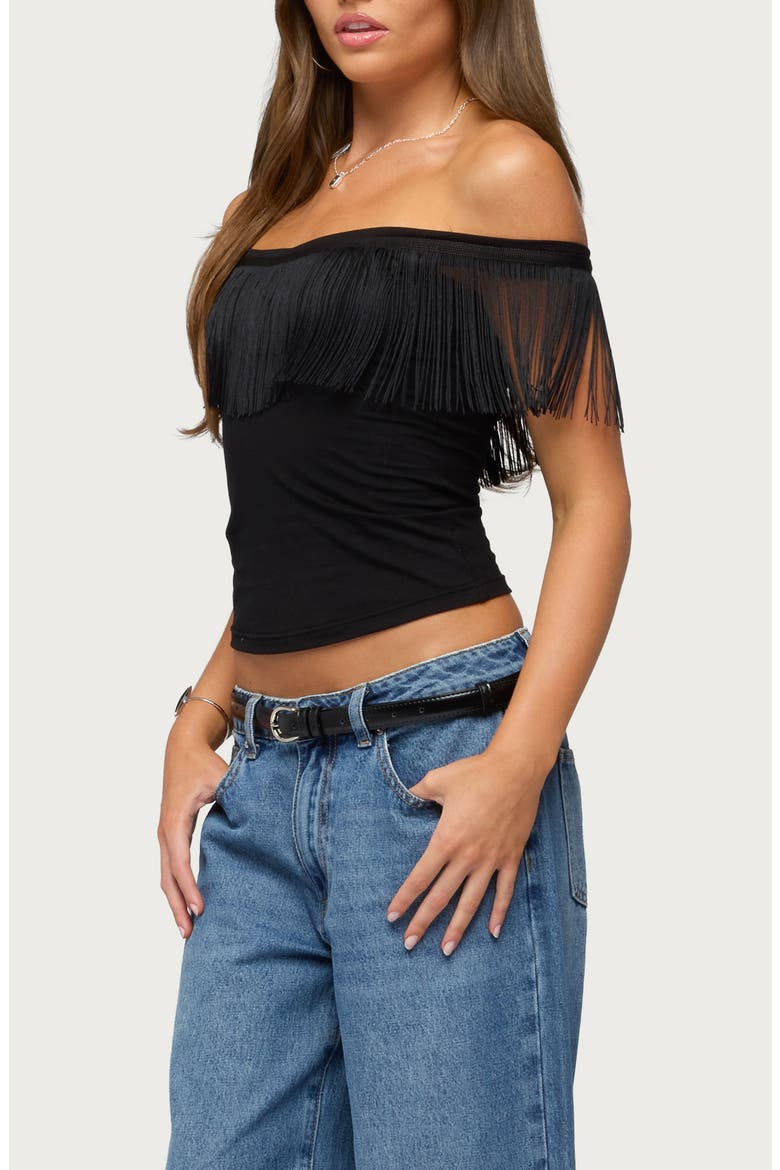 Catelina Fringe Off the Shoulder Top, Alternate, color, BLACK