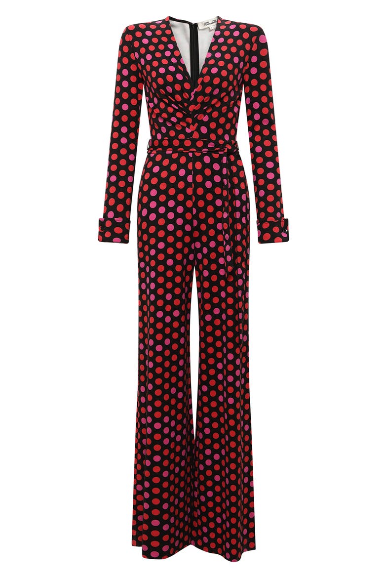 Rose Marie Print Tie Waist Long Sleeve Jumpsuit, Alternate, color, MAGIC DOT BERRY RED
