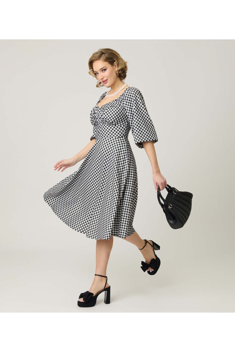 Peasant Sleeve Swing Dress, Alternate, color, Black & White Gingham