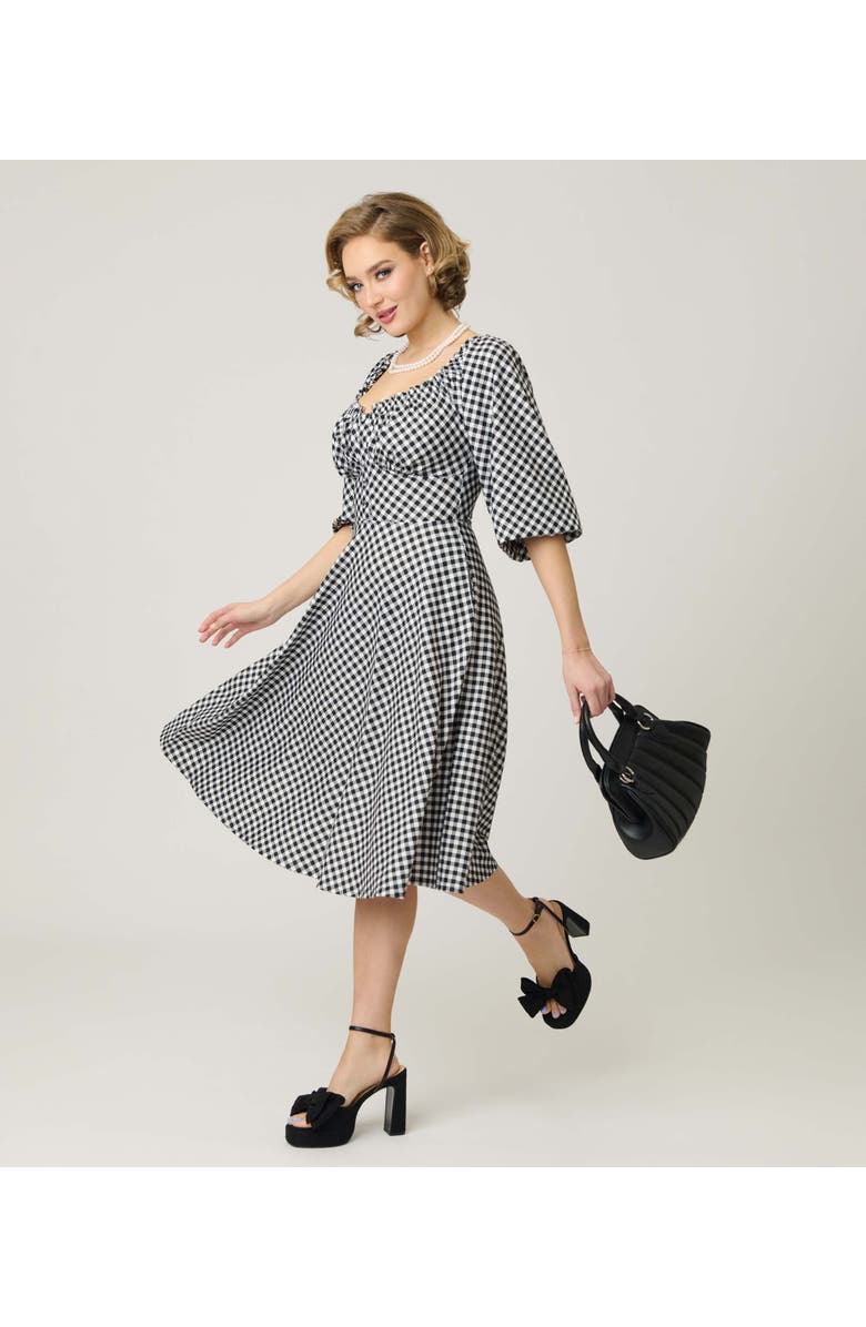 Unique Vintage Peasant Sleeve Swing Dress, Alternate, color, Black & White Gingham