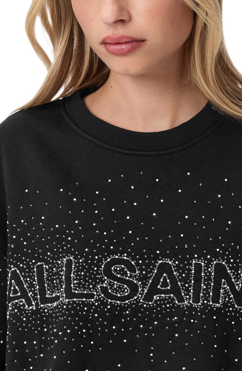AllSaints Etta Crystal Embellished Fleece Sweatshirt, Alternate, color, Black