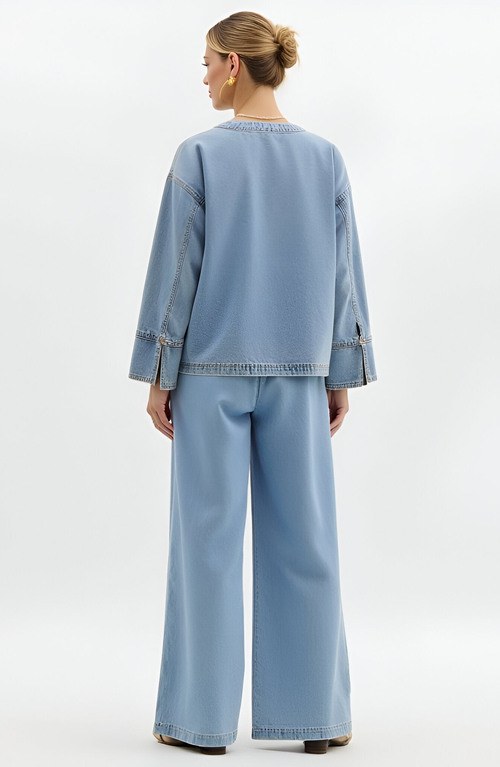 Modenaire Tie-front Denim Jacket With Patch Pockets In Blue