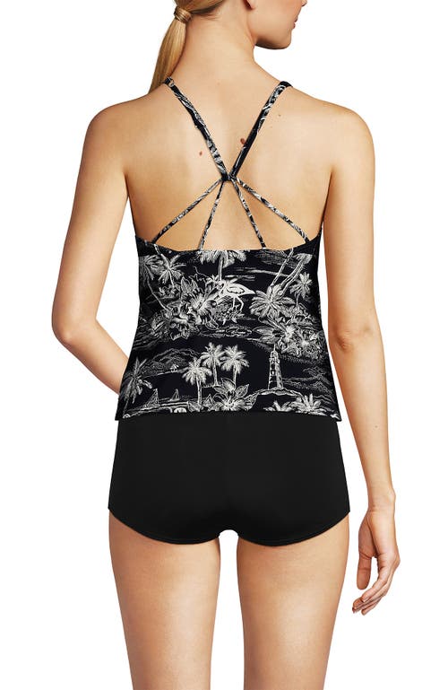 Shop Lands' End D-cup Tugless High Neck Strappy Back Tankini Swimsuit Top In Black Tropical Scene