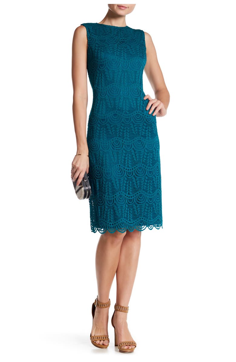 Sharagano Sleeveless Scalloped Lace Dress, Main, color, 