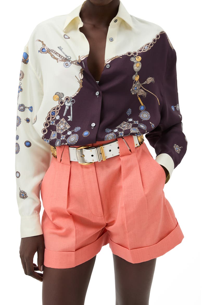 Stolen Jewels Trompe l'Oeil Print Silk Twill Button-Up Shirt, Main, color, BURGUNDY WHITE GOLD
