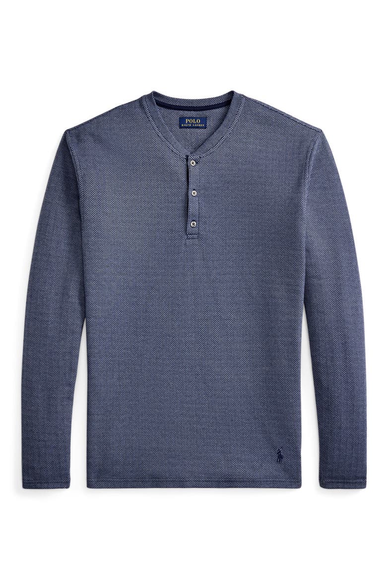 Herringbone Long Sleeve Henley Sleep Shirt, Alternate, color, NAVY HERRINGBONE STONE