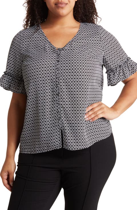 Double Flutter Sleeve Button Front Blouse (Plus)