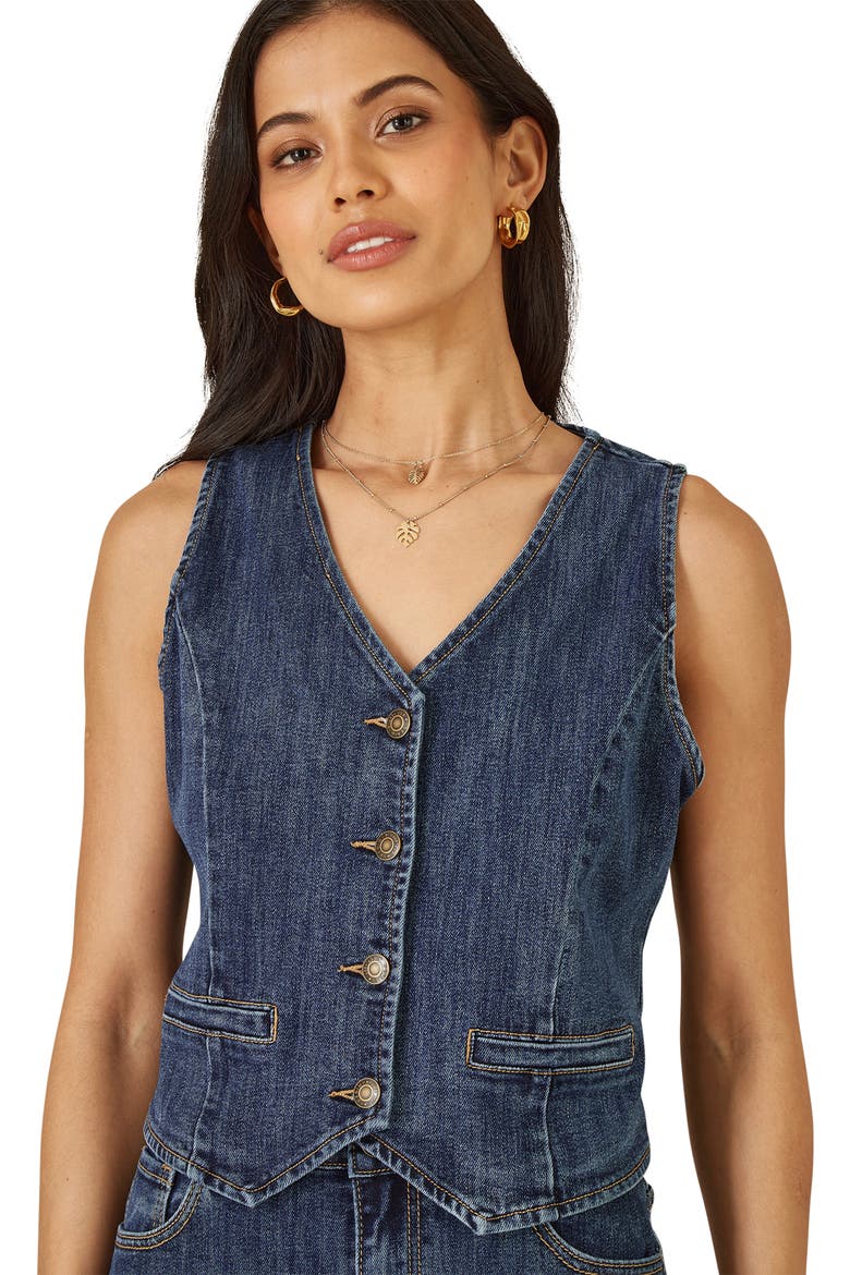 Button Up Denim Stretch Waistcoat, Alternate, color, Blue