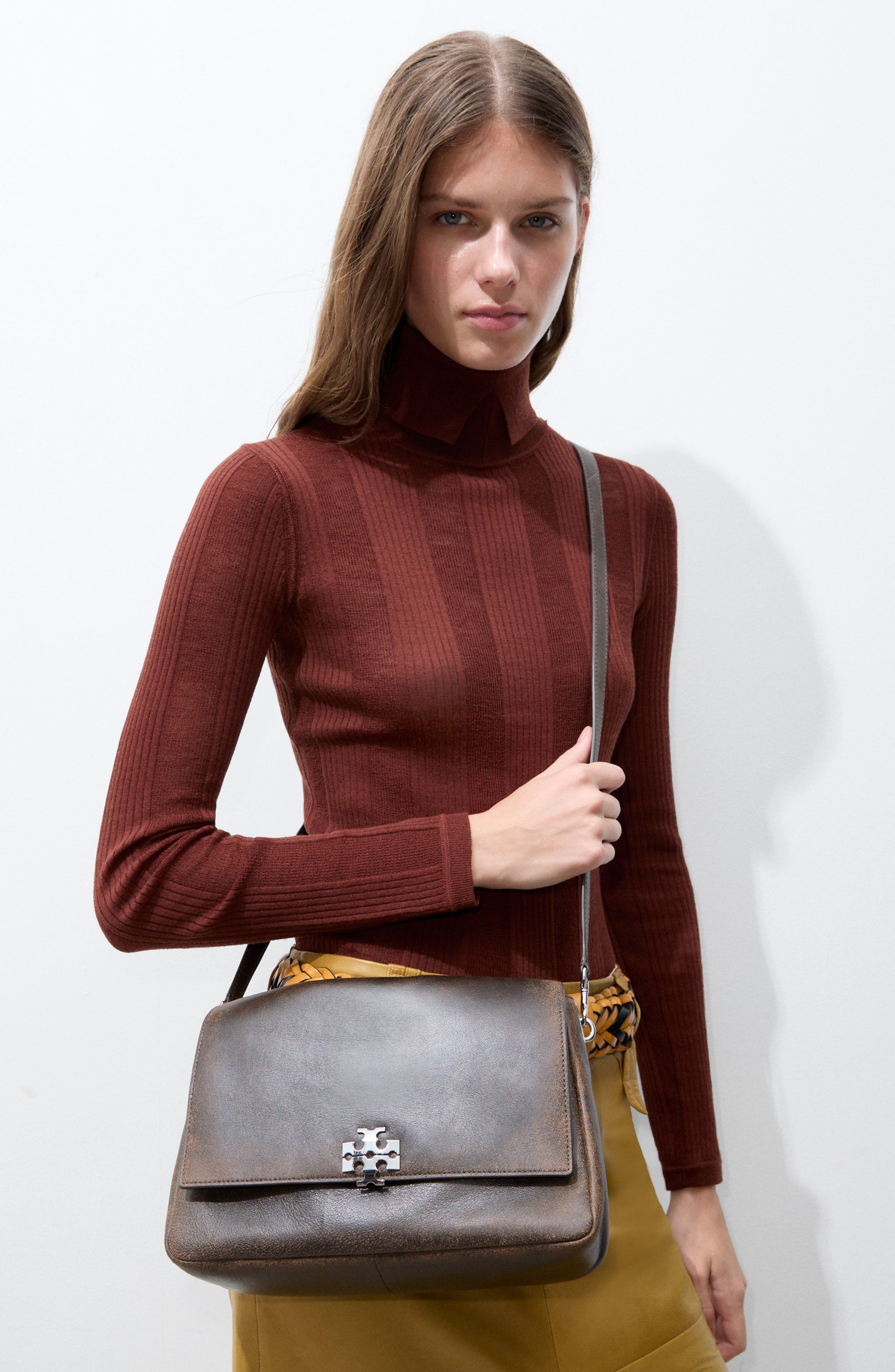 Charlie Distressed Leather Shoulder Bag, Alternate, color, DARK ROAST