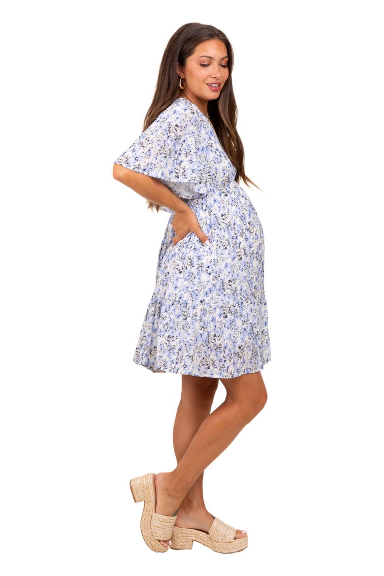 Floral V-Neck Flutter Sleeve Mini Dress, Main, color, Periwinkle