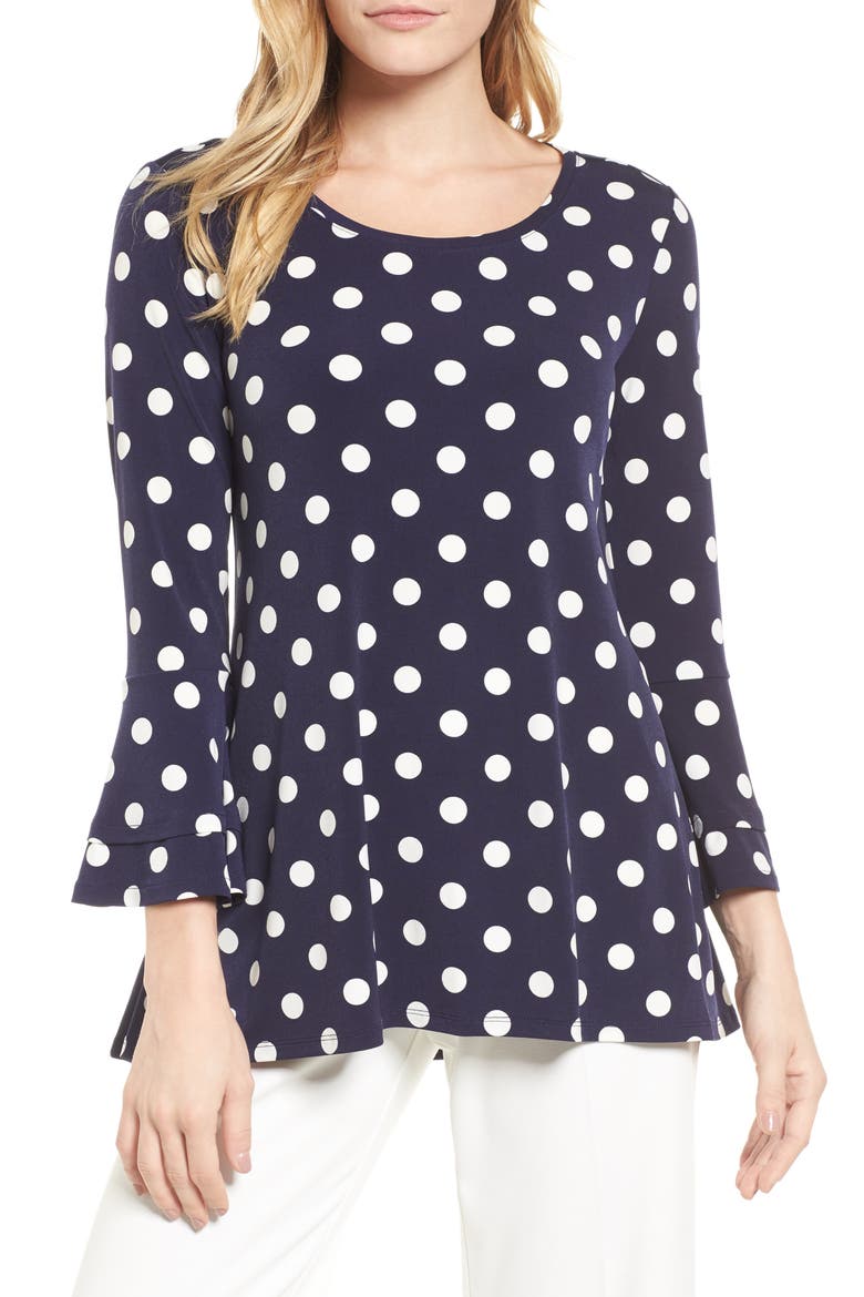 Dot Print Bell Sleeve Blouse, Main, color, 529-EVENING NAVY
