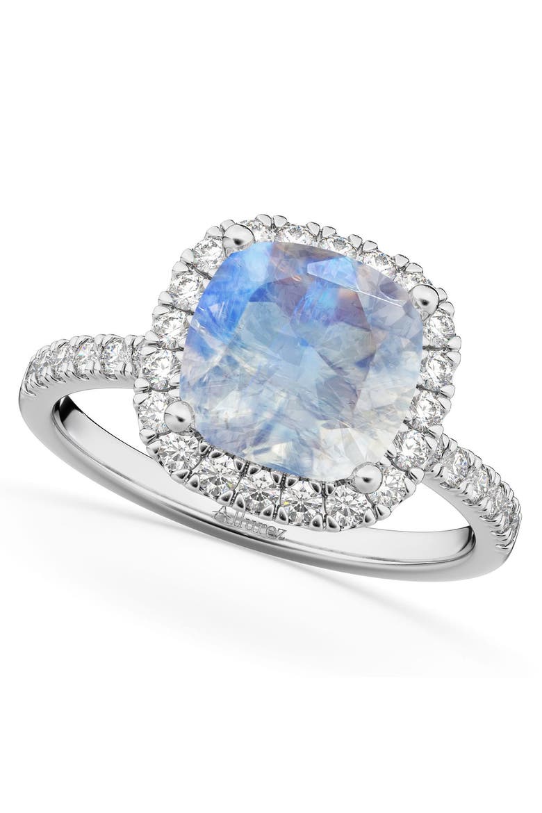 Cushion Cut Halo Moonstone & Diamond Engagement Ring 14k, Main, color, 3.11ct/White Gold