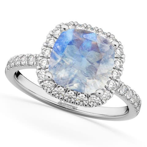 Cushion Cut Halo Moonstone & Diamond Engagement Ring 14k
