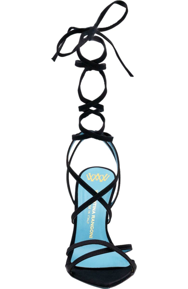 Valentina Rangoni Sibilla Elegant Ankle Wrap Sandal in Luxurious Satin, Alternate, color, Black