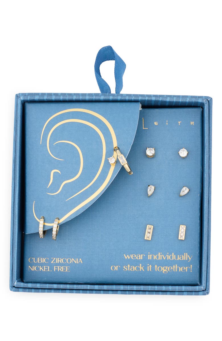 Leith Set of 5 Assorted Cubic Zirconia Earrings, Main, color, Clear- Gold