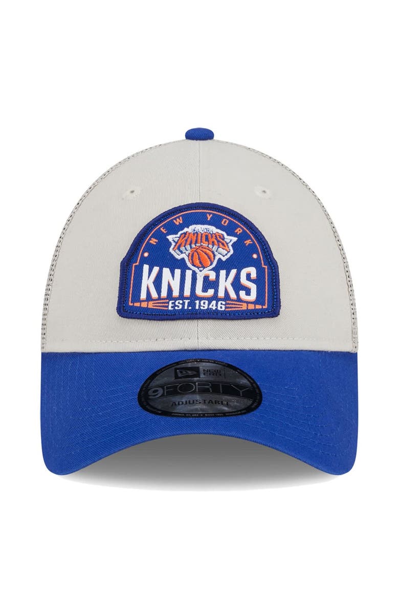 New Era Men's New Era Khaki/Blue New York Knicks Throwback Patch Trucker 9FORTY Adjustable Hat, Alternate, color,