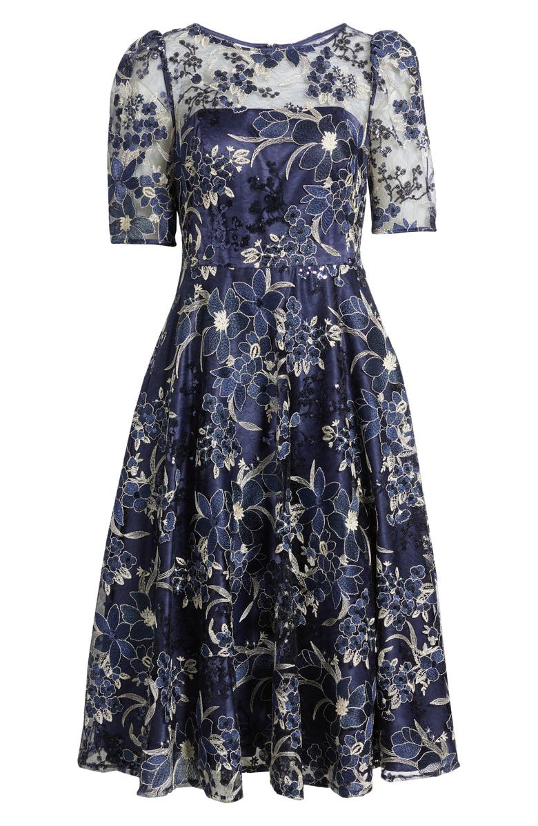Eliza J Illusion Embroidered Fit & Flare Cocktail Dress, Alternate, color, Navy