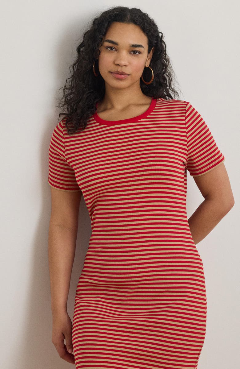 Lauren Ralph Lauren Stripe Cotton Blend Rib T-Shirt Dress, Alternate, color, Cruise Red/ Birch Beige