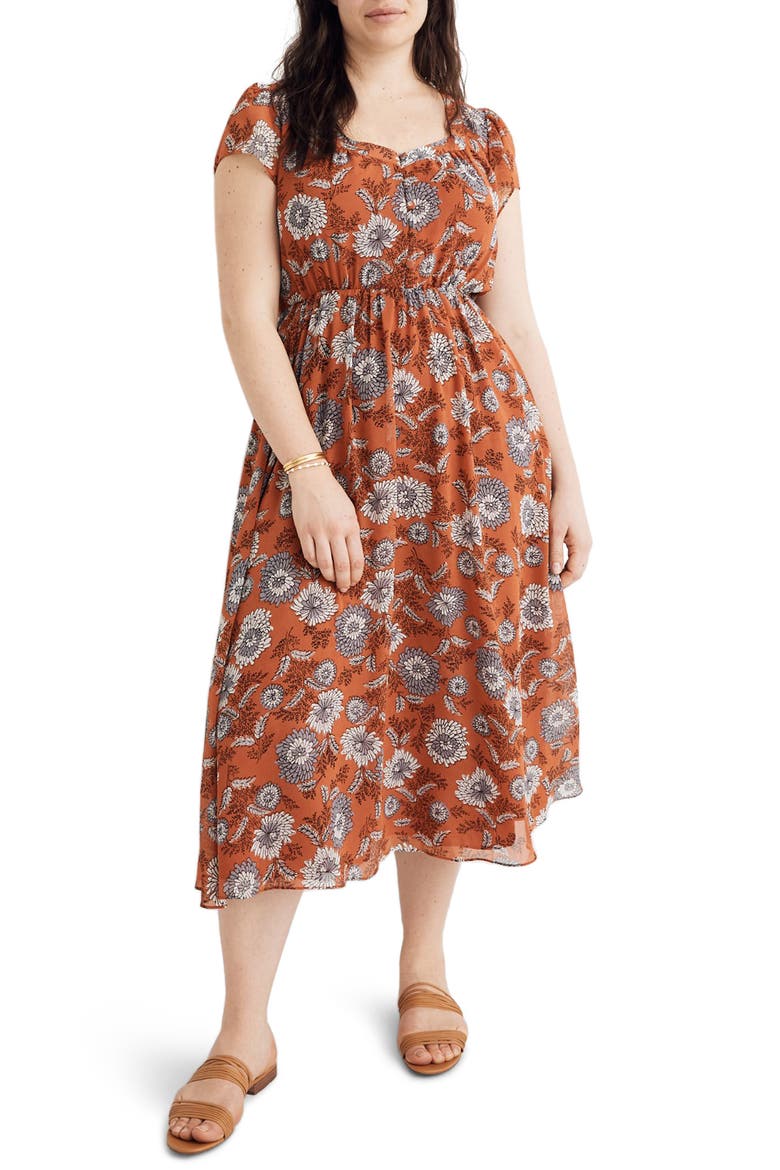 Sheer Sleeve Button Front Dress, Alternate, color, BLOCKPRINT FLORAL RUSTED TIN