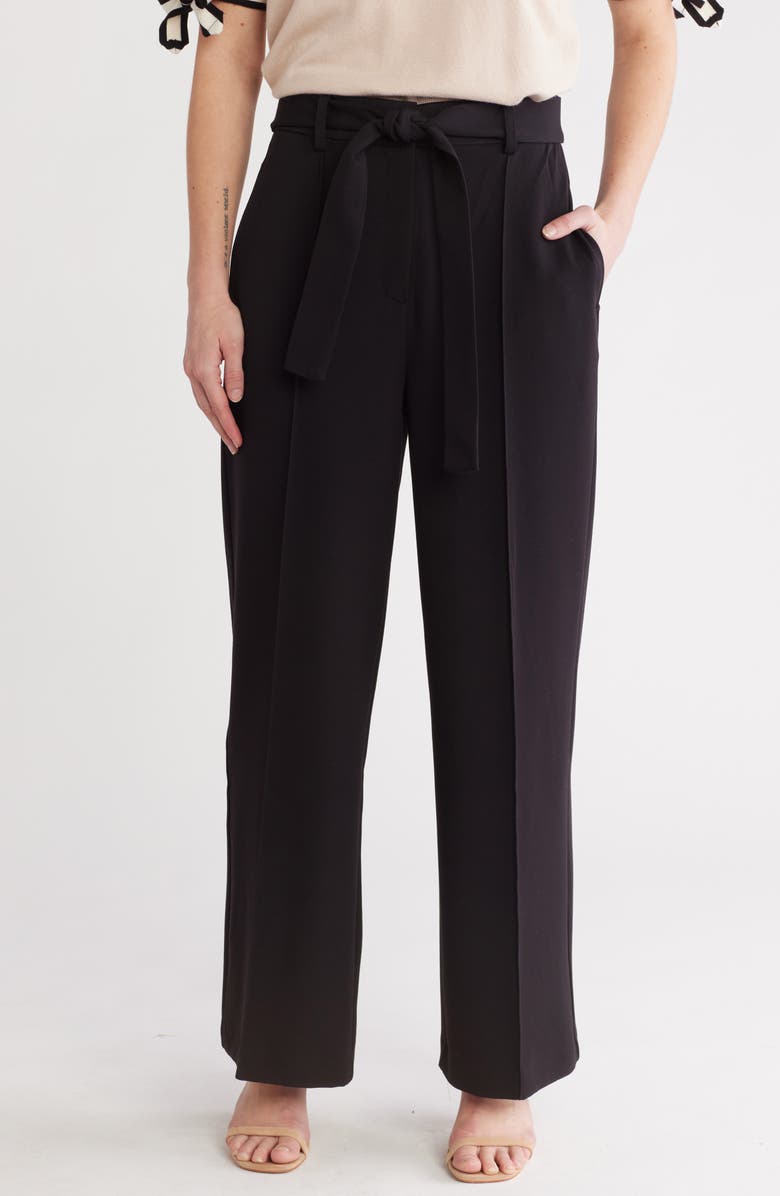 Adrianna Papell Belted Pintuck Wide Leg Pants, Main, color, Black