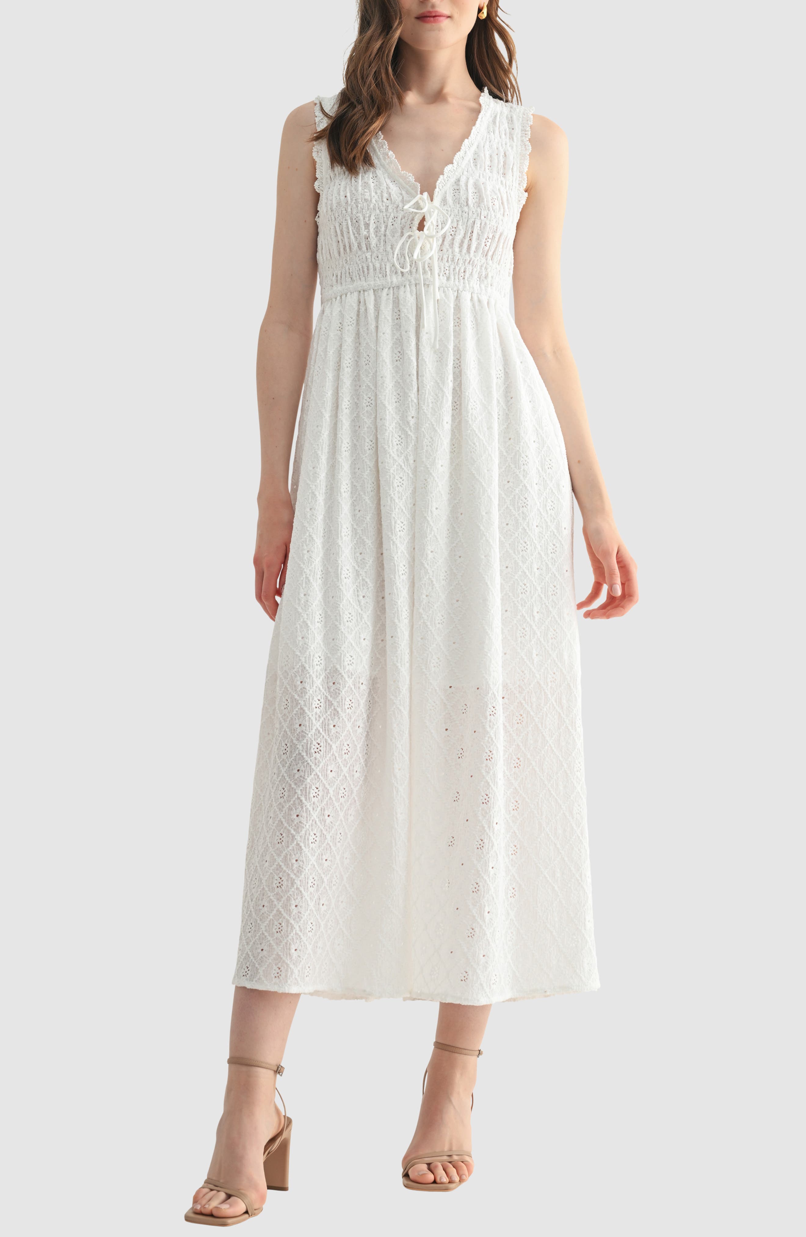 Lush Tie Front Sleeveless Smocked Midi Dress