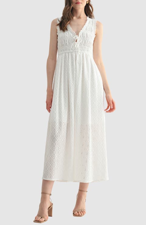 Tie Front Sleeveless Smocked Midi Dress