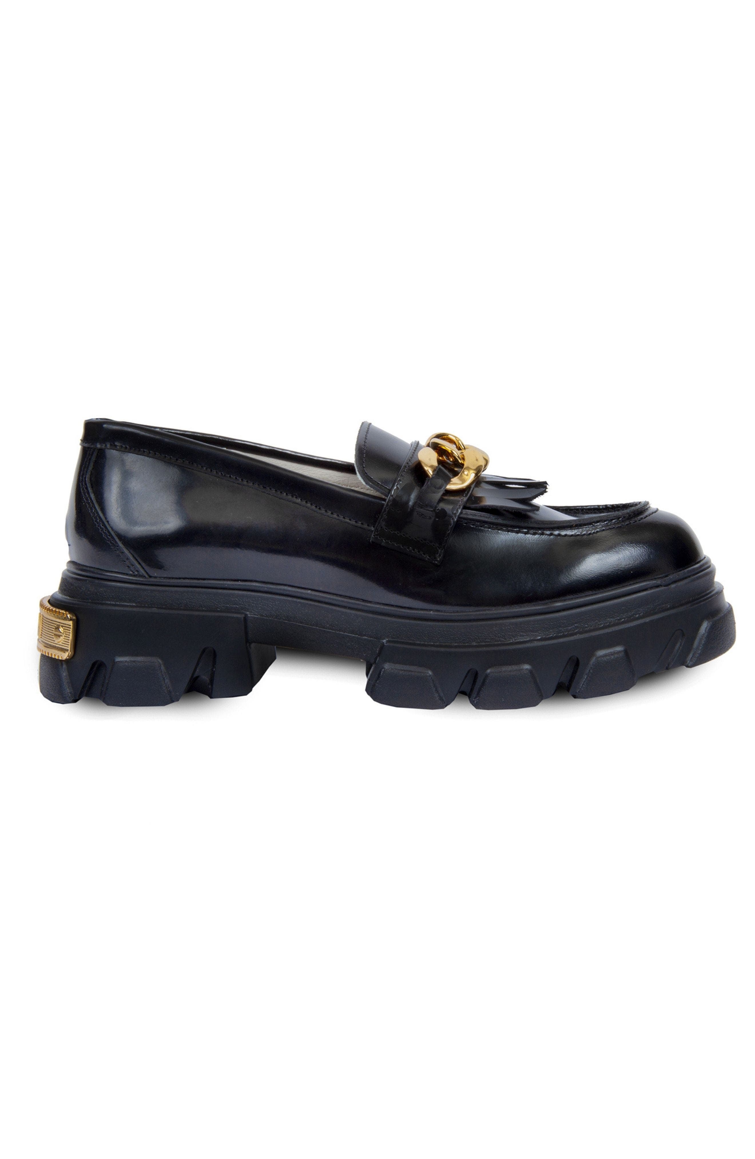 URBNKICKS Gold Chain Leather Loafer, Alternate, color, Black