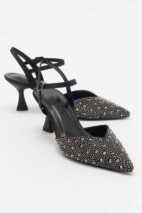 Forever & Always Shoes Vilka Embellished Slingback Kitten Heel Pumps In Black Faux Leather