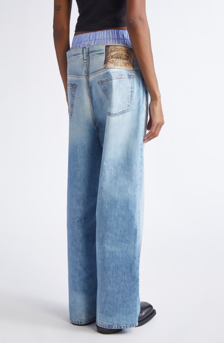Acne Studios Boxer Waistband Denim Trompe l'Oeil Wide Leg Poplin Pants, Alternate, color, Light Blue