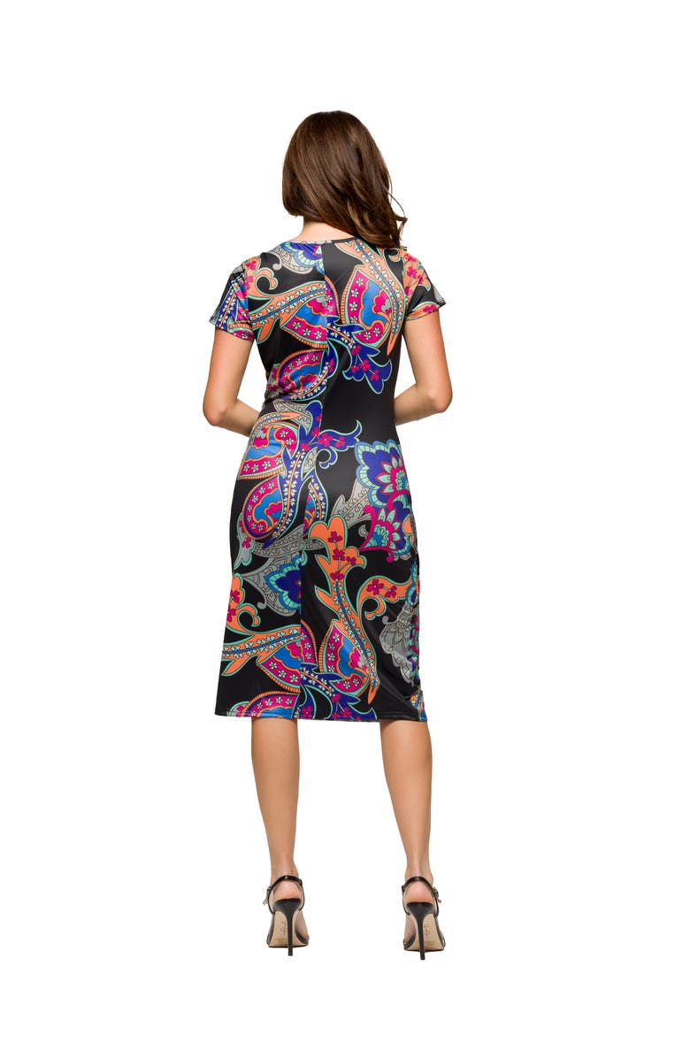 24seven Comfort Apparel Maternity Black Paisley Knee Length Short Sleeve Faux Wrap Dress, Alternate, color, Black Multi