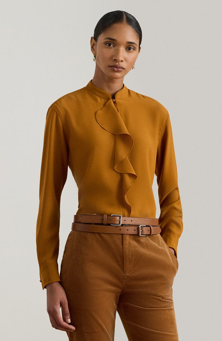 Lauren Ralph Lauren Ruffle Trimmed Georgette Tunic, Alternate, color, Cinnamon Bark