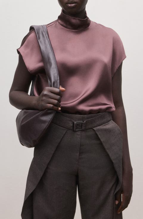 Mock Neck Silk Satin Top