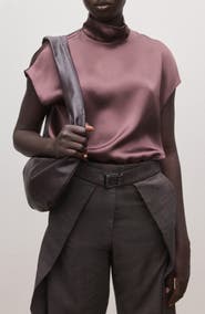 MANGO Mock Neck Silk Satin Top