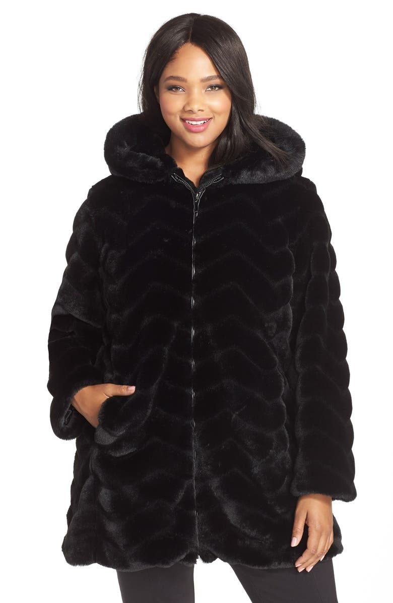 Gallery Hooded Chevron Faux Fur Coat, Main, color, 