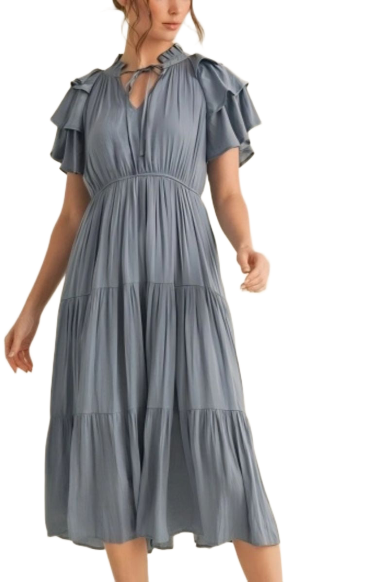 Knit and Lounge Tiered Tie Neck Ruffle Sleeve Midi Dress, Alternate, color, 