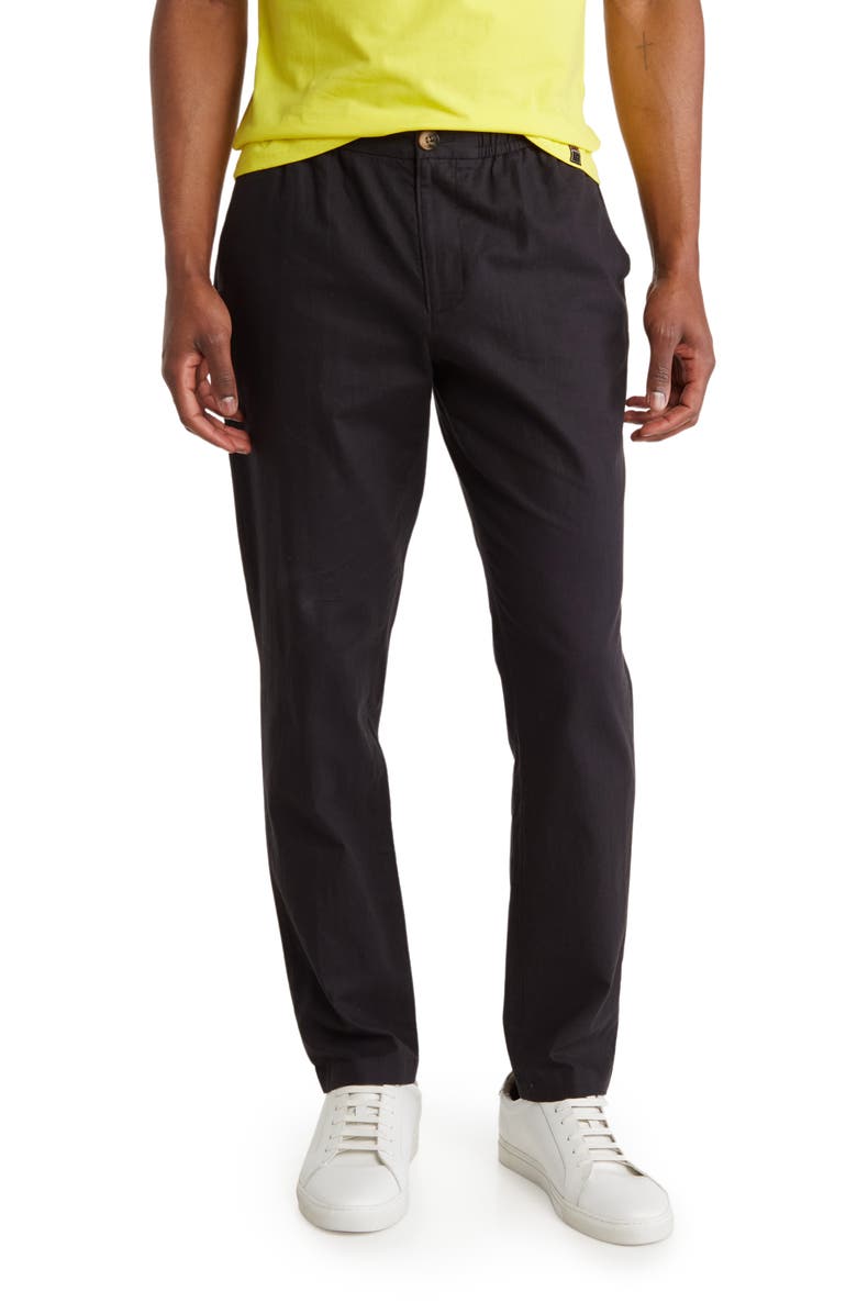 14th & Union Elastic Waist Linen Blend Trim Fit Pants, Main, color, Black Caviar