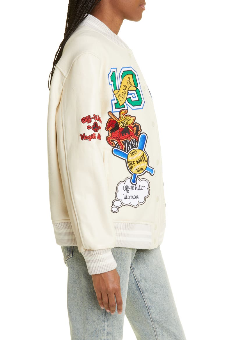 Embroidered Slogan Patch Wool Blend Varsity Jacket, Alternate, color, WHITE MULTICOLOR
