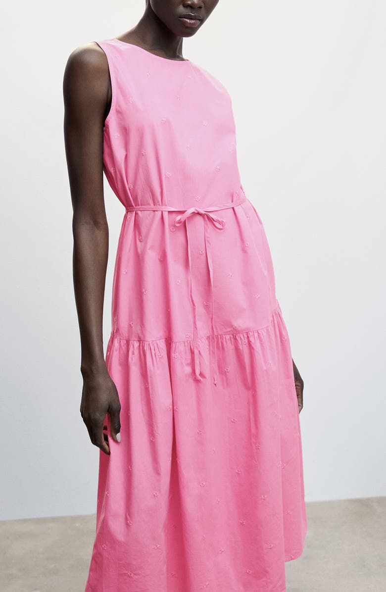 MANGO Floral Embroidered Tiered Cotton Dress, Alternate, color, Pink
