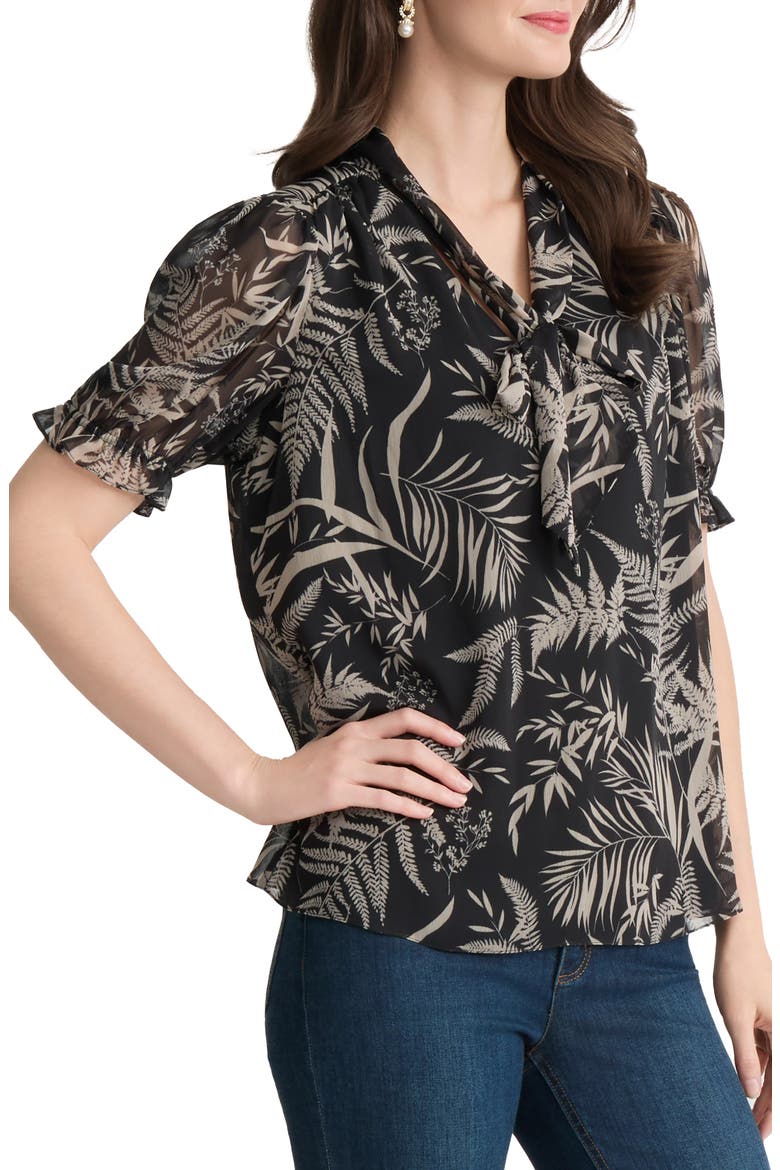 Tie Neck Puff Sleeve Top, Alternate, color, JONES BLACK/ JONES KHAKI