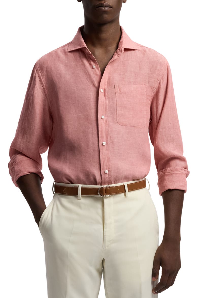 Lightweight Linen Chambray Button-Up Shirt, Main, color, RASPBERRY
