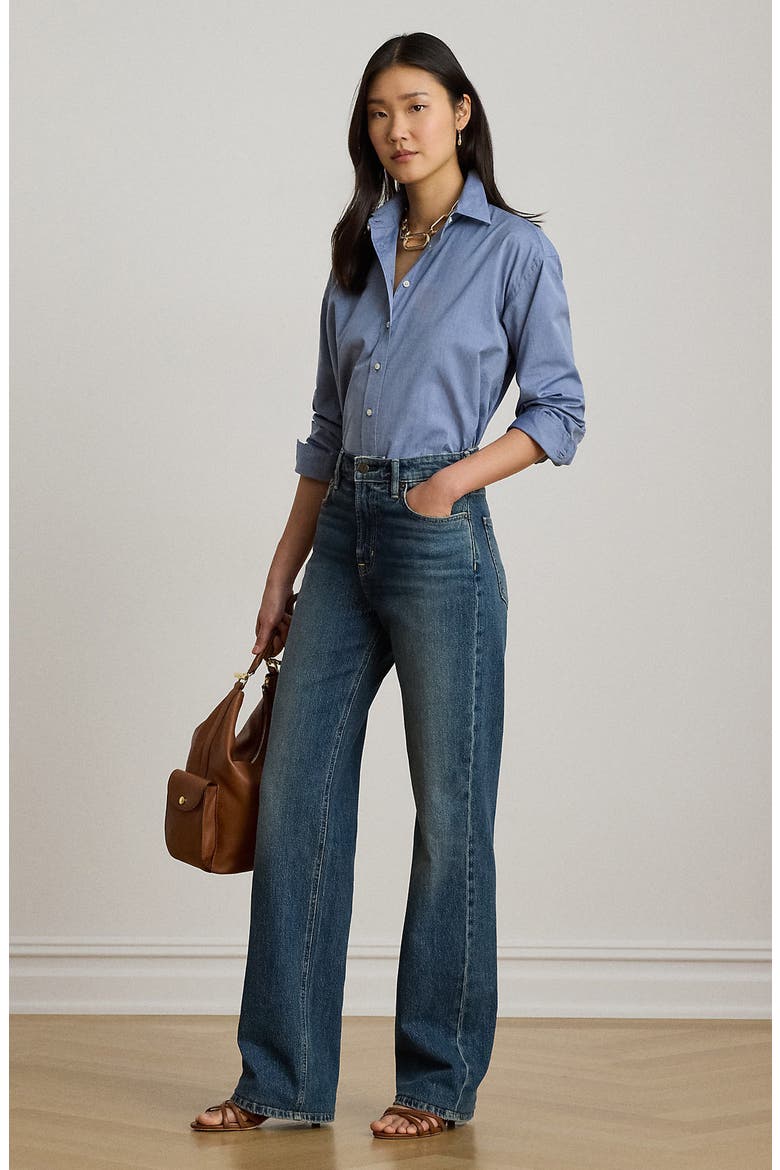 Cotton End-on-End Button-Up Shirt, Alternate, color, BLUE
