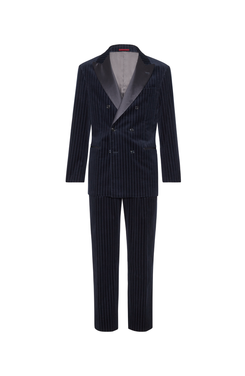 Brunello Cucinelli Comfort cotton pinstripe corduroy tuxedo with one-and-a-half breasted jacket and trousers with double pleats, Main, color, 